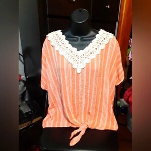 Cure Women's Top Orange White Embroidered Tie-Up Bottom Size XL Cottage Core